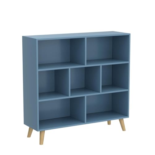 IOTXY Wooden Open Shelf Bookcase - 3-Tier Floor Standing Display Cabinet Rack with Legs, 7 Cubes Bookshelf, Bright Blue - color: Bright Blue, size: 80CM