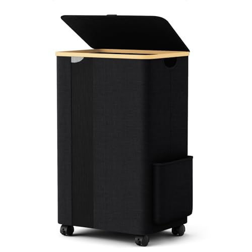 BlissTotes Laundry Basket Laundry Hamper with Lid, Collapsible Slim Laundry Hampers, Laundry Bin, Clothes Hamper Basket with Internal Support & Wheels & Handles for Bathroom, Bedroom (75L, Black) - color: Black, size: 75L