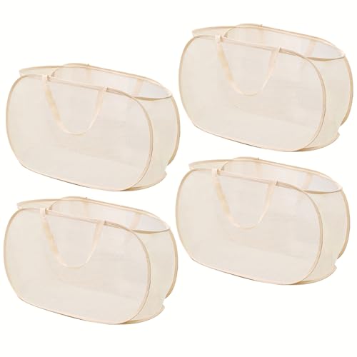 4 Piece Popup Mesh Laundry Basket Durable Handles Collapsible Laundry Baskets Folding Clothes Pastic Hamper for Laundry Room College Dorm (Beige) - color: Beige