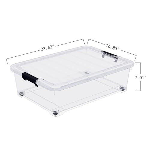 4-Pack 25L Plastic Under Bed Storage Organizer Bin Container with Latch Lids and Wheels, Clothes Storage Box Rolling Underbed, Clear - size: 25L