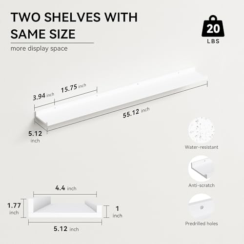 Boswillon 55.1 Inches Long Floating Shelves, 2 Set Rustic Wall Shelf for Bedroom, Nursery Book Shelf with Lip, Picture Ledge Shelf for Living Room, Bathroom, Kitchen - White - color: White, size: 55.1 In