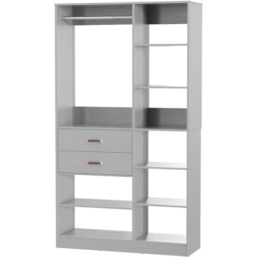 Armocity Freestanding Closet System, 40 Inches Stand-Alone Wardrobe with 10 Shelves, 80'' Height Adjustable Cloth Garment Rack with 2 Wood Drawers, Wood Walk-in Closet with Hanging Rod, Grey - color: Grey