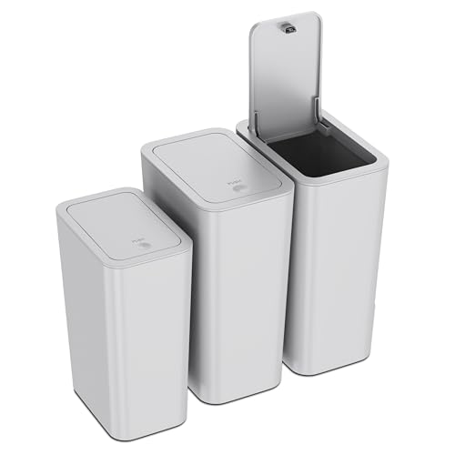 N. NETDOT 3 Pack (2 of 4 Gal & 1 of 2.6 Gal) Small Trash Can with Lid,Bathroom Garbage Can with Pop-Up Lid,Waste Basket for Bathroom,Kitchen,Bedroom,Powder Room,Craft Room,Office,College (Gray) - color: 4gal x2 & 2.6gal Grey