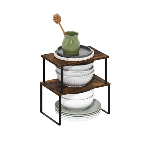 Furinno RAVEL Kitchen Countertop Organizer Set of 2, Counter Shelves, Kitchen Storage, Expandable, Stackable, Spice Rack, for Kitchen, Pantry, Coffee Bar, Amber Pine - color: Amber Pine/Black, size: 2-Pack, Nesting