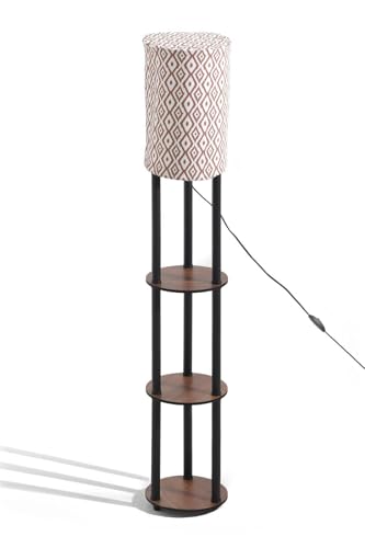 Floor Lamp with Shelves for Living Room, Shelf Floor Lamp, Corner Display Standing Column Lamp Etagere Organizer Tower Nightstand with White Linen Shade for Bedroom, Office (Walnut White Model)