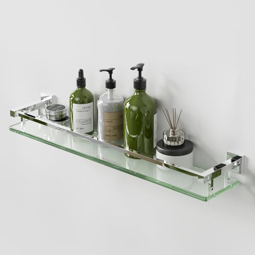 Alise Glass Bathroom Shelves Wall Mounted, 24 Inch Polished Chrome Tempered Floating Shelves Bathroom, Stainless Steel Bathroom Glass Shelf - color: Polished Chrome, size: 24 Inch