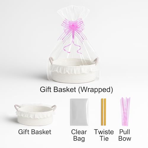 Cotton Rope Gift Basket with Handle– White Woven Storage Basket with Organza Lace, Decorative Bin for Baby Shower, Housewarming, Nursery, Toys, Towels, Baby Accessories, Easter, Holiday Gifts - color: white with handle & lace, size: Oval - 12"x8"x5"