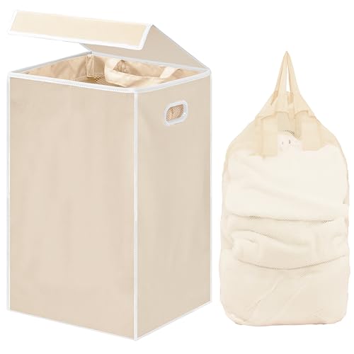 Simple Houseware Foldable Laundry Hamper Basket with Lid, Beige - color: Beige