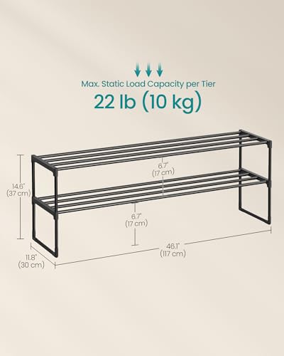 SONGMICS Shoe Rack, 2-Tier Shoe Organizer, Metal Storage Shelf, Upright or Upside Down, for 15-18 Pairs, Stackable, for Entryway, 11.8 x 46.1 x 14.6 Inches, Black ULSA032B01 - color: Black, size: 2 Tiers (46.1"W)