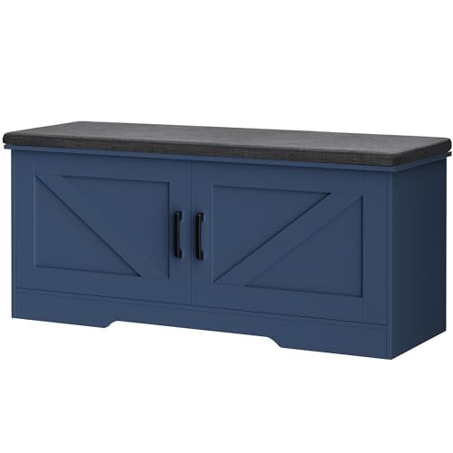 HOMSHO 2-Tier Storage Bench, 39.4" Wide Shoe Bench with Padded Seat Cushion, Entryway Bench with 2 Barn Doors and Adjustable Shelf, Blue - color: Blue, size: 39.4" Wide