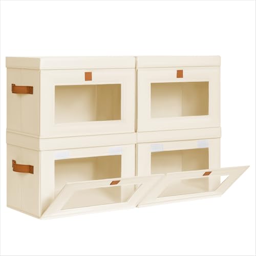 Homsorout Small Fabric Storage bins - Collapsible Storage Bins with Open Window, 4 Pack Closet Baskets for Shelves, Stackable Decorative Boxes for Home, Dorm, Beige, 13.7"x 9.8" x 9.8" - color: Beige, size: Small - 4 Pack