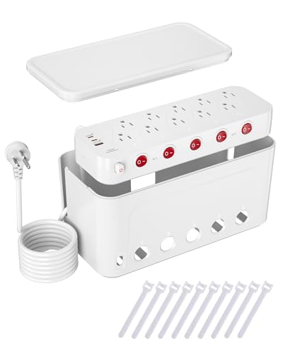 Surge Protector Power Strip with Cable Management Box,Cord Organizer Box with 10 Outlets and 3 USB Ports,Individual Switches,6 ft Flat Plug Extension Cord,Under-Desk and Desk Wire Storage Hider,White