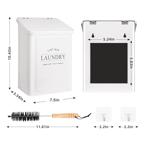 Magnetic Lint Bin for Laundry Room, Metal Lint Container with Lid and Brush, Wall Mounted Lint Box for Dryer, Farmhouse Laundry Room Decor, White - color: White, size: Pattern 2