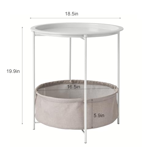 VECELO Round Side/End Table with Fabric Storage Basket，Metal Anti-Rust and Waterproof Small Bedside Nightstand with Removable Tray Top for Living Room，Balcony & Laundry，Beige/1pcs with Basket - color: Beige, size: 1 PCS with Basket