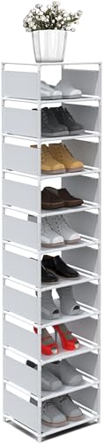 10 Tier Vertical Shoe Rack - White Narrow Shoe Rack for Closet & Entryway, Space Saving Tall Shoe Organizer for Small Spaces, Sturdy Skinny Shoe Tower Stand for Boots & Heels - color: White