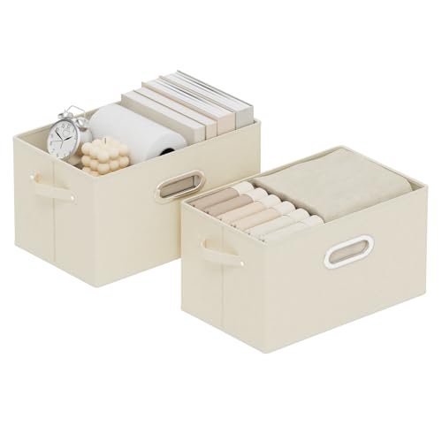 Foldable Cloth Basket with 4 Handles, Decorative Open Storage Boxes, Stackable Cube Organization, Fabric Bins for Shelves, Closet, Living Room, 13x9.1x7.9in, Beige, 2 Pack - color: Beige, size: 13x9.1x7.9 in(2 Pack)