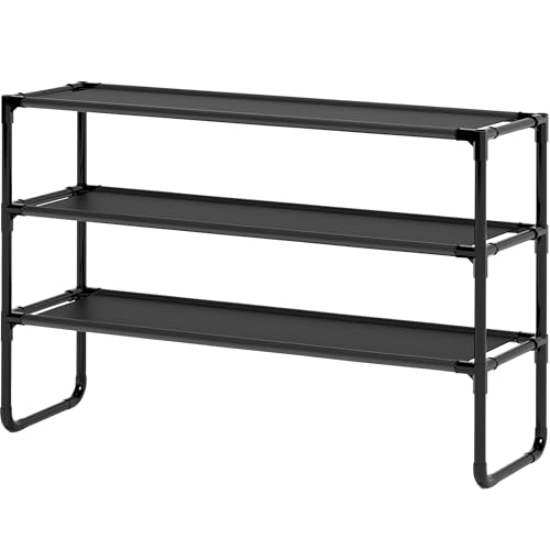 Long Shoe Rack, 3-Tier Stackable Shoe Organizer for Closet, Entryway, Hallway, Extra Bottom Layer, Holds 16-20 Pairs, Sturdy & Durable Waterproof Fabric Shelf, Space-Saving,Black(35.8" Wide) - size: 3-Black
