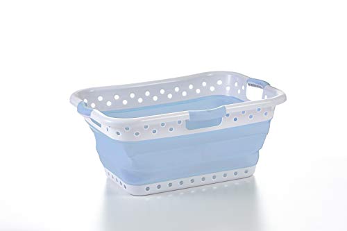 ULTRA-SLIM, COLLAPSIBLE LAUNDRY BASKET / UTILITY; Pop & Load Collapse & Store Collection in Glacier Blue ; Large Hipholder Basket Has 3 Handles: 25" Tall When Fully Opened / 3" Tall Folded - color: Glacier Blue, size: Large HipHolder - 3 Handles