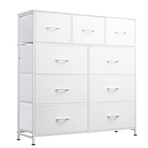 WLIVE 9-Drawer Dresser, Fabric Storage Tower for Bedroom, Hallway, Closet, Tall Chest Organizer Unit for Bedroom with Fabric Bins, Steel Frame, Wood Top, Easy Pull Handle, White - color: White
