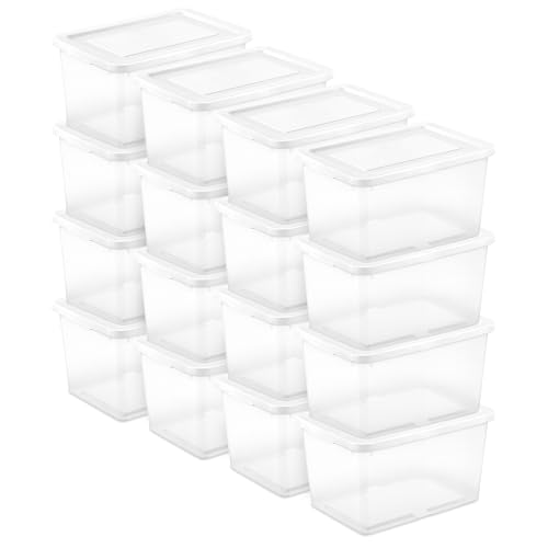 Sterilite 16 Pack Storage Box, 20 Quart Stackable Tote, Clear Plastic Container with Secure Snapping Lids for Home and Office Organization, White - size: 20 Quart, style: 16
