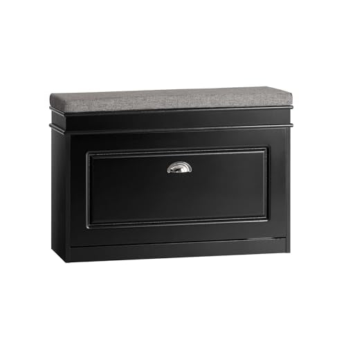 SoBuy Small Shoe Storage Bench, Black Narrow Shoe Cabinet for Entryway, Shoe Rack with Cushion&2 Tiers Flip-Drawer, Closet Hallway Mudroom FSR82-L-SCH - color: Black, size: 1 Drawer (L)