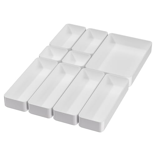 9 Pcs Stackable Drawer Organizer Trays Set, Multifunctional Stackable Storage Trays for Vanity, Bathroom, Kitchen, Desk Drawer Organizer Office. Plastic Drawer Organizers Available In 5 Colours, White - color: 9-4White