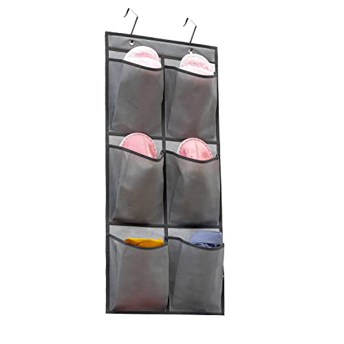 Over The Narrow Door Shoe Organizer Hanging 6 Large Fabric Pockets Back Door Shoe Holder for Closet with 2 Hooks (GREY) - color: GREY