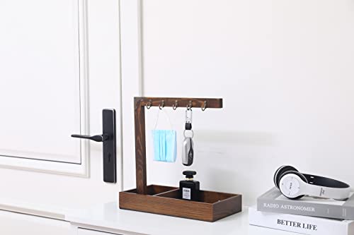 Wood Entryway Tabletop Key Holder Rack，Rustic Burnt Decorative Organizer with Storage Tray and Brass Tone Hooks，Jewelry Key Stand Hanging Organizer