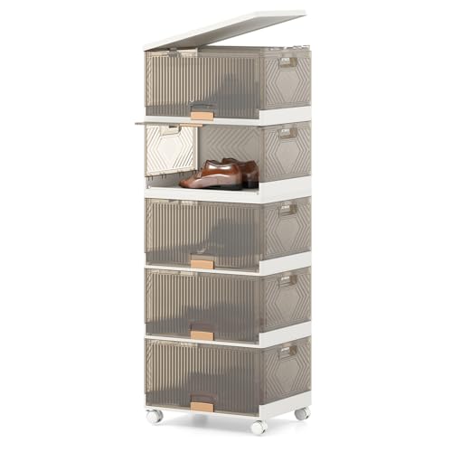 Giantex 5 Tier Stackable Storage Bins with Lids, 22.5 Gal Foldable Shoe Storage Box with Detachable Wheels & Flip-Up Doors, Collapsible Closet Organizers and Storage Bins - size: 22.5Gal-5Pack