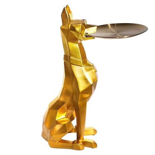 3D Large Dog Sculpture Tissue Box Cover & Key Holder Stand – Golden Resin Side Table, Multipurpose Entryway Organizer with 11.8" Detachable Tray, Cute Door Side Art Ornaments Living Room Figurine