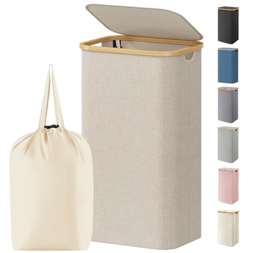 Lifewit 110L Laundry Basket with Lid, Clothes Hampers for Laundry with Bamboo Handles and 1 Removable Bag, Large Foldable Laundry Hamper for Bedroom, Bathroom, Dorm, Laundry Room, Beige - color: Beige, size: 110L