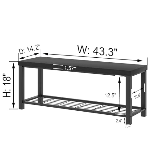 EXCEFUR Entryway Bench, Modern Wood and Metal Storage Bench for Hallway Front Door Entrance, Industrial Indoor Shoe Rack Bench Seat for Bedroom Living Room, 43.3 Inch Black - color: Black, size: 2-Tier