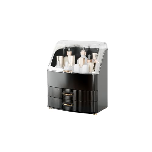 Makeup Organizer Countertop Vanity with Transparent Lid Drawers Waterproof Dustproof Cosmetic Skincare Bathroom Storage Gift for Women Teens Girls (Black) - color: Black