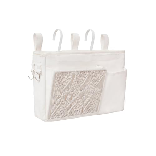 GYASVWU Boho Hanging Bedside Caddy Organizer, Macrame Bedside Pocket, Bunk Bed Organizer for Dorm Room , Baby Bed Rails, Magazine Storage, Toy Storage (White)