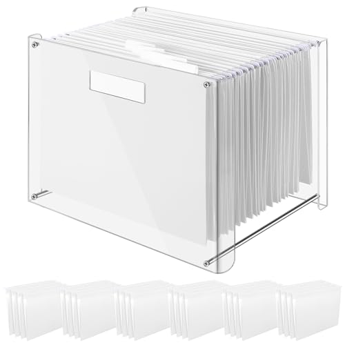 Dispowreath 24 Hanging File Folder with Acrylic Organizer for Letter/a4 Size Desktop Clear File Storage Box with Handles for Home Work Office Use(White,Classic) - color: White, style: Classic
