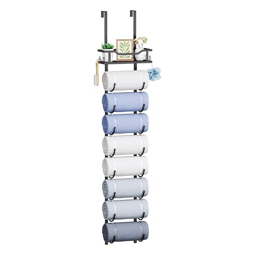 SWTYMIKI Over the Door Towel Rack - 9 Tier Towel Racks for Bathroom Wall Mounted, Towel Holder with Shelf, Hanging Rolled Towel Storage Organizer for Small Bathroom, Camper, RV, Black - color: Black, size: 9 Tier