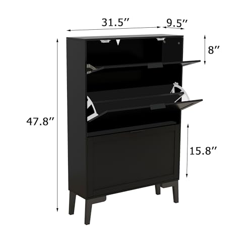 TaoHFE Modern Shoe Cabinet for Entryway - Black Wooden Hidden Shoe Cabinet - Narrow Free Standing 3 Tier Rack - color: Black
