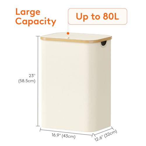 Lifewit 80L Laundry Basket with Lid, Clothes Hampers for Laundry with Bamboo Handles and 1 Removable Bag, Large Foldable Laundry Hamper for Bedroom, Bathroom, Dorm, Laundry Room, White - color: White, size: 80L