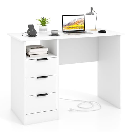 Giantex White Desk with Drawers, Modern Computer Desk with Charging Station, PC Laptop Table Computer Workstation with Storage, Makeup Vanity Table, Writing Desk for Bedroom