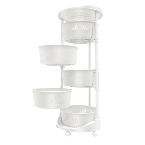 5-Tier Rotating Storage Rack, Round Kitchen Organizer Cart with Wheels for Fruit Vegetable, Multi-Layer Shelf for Bathroom Laundry Room, White