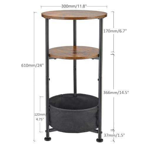 Small Round Side Table with Storage Basket, 3-Tier Narrow End Table Nightstand for Living Room Bedroom, 11.8" Diameter Modern Bedside Table for Small Spaces, Wood Grain & Metal Frame (Rustic Brown) - color: Rustic Brown
