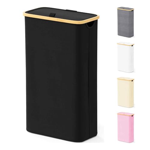 SpaceAid Slim Laundry Hamper with Lid, 65L Narrow Clothes Basket Bin with Bamboo Handles, Skinny Tall Collapsible Hamper for Bedroom, Bathroom, Dorm, Laundry Room - Black - color: Black, size: 65 L