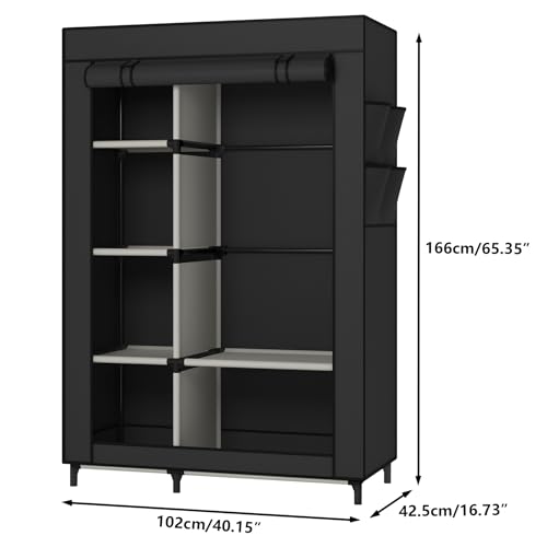 Calmootey Portable Closet Organizers, Clothing Storage, Wardrobe with 6 Shelves and Hanging Rod, Non-Woven Fabric Cover with 4 Side Pockets, Black - color: Black