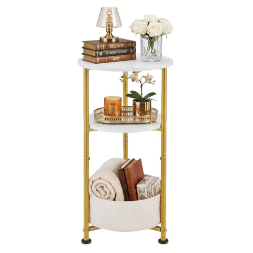 Small Round Side Table with Storage Basket, 3-Tier Narrow End Table Nightstand for Living Room Bedroom, 11.8" Diameter Modern Bedside Table for Small Spaces, Wood Grain & Metal Frame (White & Gold) - color: White & Gold