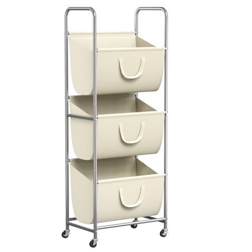 ELYKEN 120L Vertical Rolling Laundry Hamper with Removable Bags, 3 Section Laundry Baskets with Wheels, Space-Saving 3 Tier Laundry Sorter for Small Spaces, Dorm, Bedroom, Bathroom, Laundry Room - color: Creamy