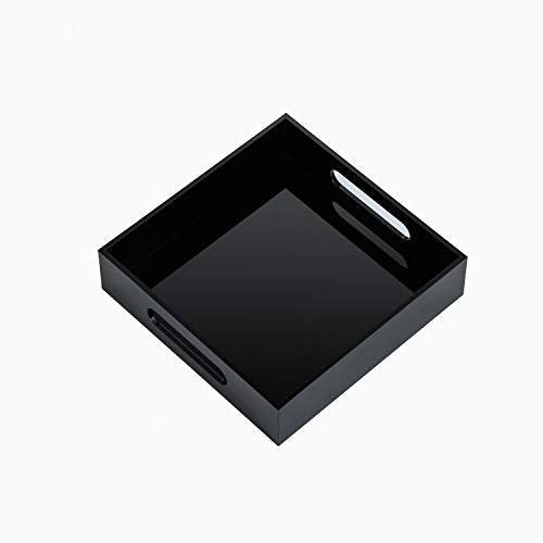 KEVLANG Black Sturdy Acrylic Tray with Handles-8x8 Inch- Countertop Organizer Tray for Kitchen,Bathroom,Office- Storage Box for Cosmetics, Jewelry,Toiletries,Toy,Gadgets - color: Glossy Black, size: 8" x 8" x 2"
