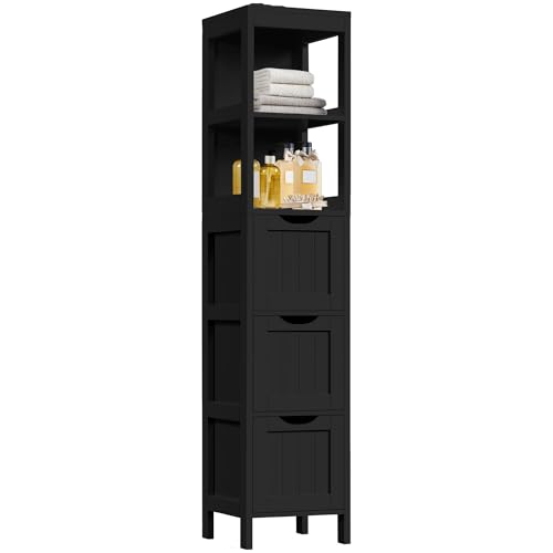 Yaheetech 56”H Bathroom Storage Cabinet, Narrow Freestanding Floor Cabinet with 3 Drawers & 2 Shelves, Tall Slim Bathroom Organization for Living Room/Hallway/Small Space,Black - color: Black, size: 56"H