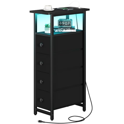 Yoobure LED Narrow Nightstand with Charging Station - Slim Dresser for Bedroom Narrow Side Table Storage Cabinet, Small Dressers Chest of Drawers, Tall Skinny Night Stand End Table for Small Spaces - color: Black