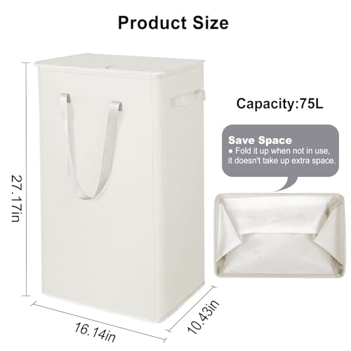 Odonata 75L Slim Laundry Hamper with Lid,Large Foldable Laundry Basket with Removable Bag and Handles Tall Collapsible Dirty Clothes Basket Great for Bedroom, Bathroom, Dorm, College,RV. (Beige, 75L) - color: Beige