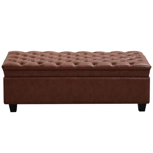 WUTUTUEE 50" Faux Leather Storage Ottoman Bench, Upholstered Rectangle End of Bed Storage Ottoman Tufted Living Room Bedroom Bench with Safety Hinge, Solid Wood Legs, Loads 500 lb(Brown) - color: Brown-pu